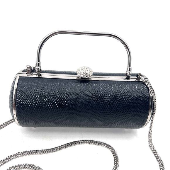 Black & Silver Cylinder Shaped Convertible Clutch Crossbody Small Evening Bag - Picture 2 of 7